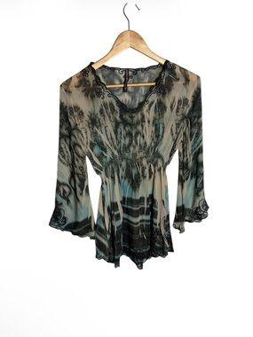 Y2K tie dye embroidered Peasant Tunic in Teal & Cream size M